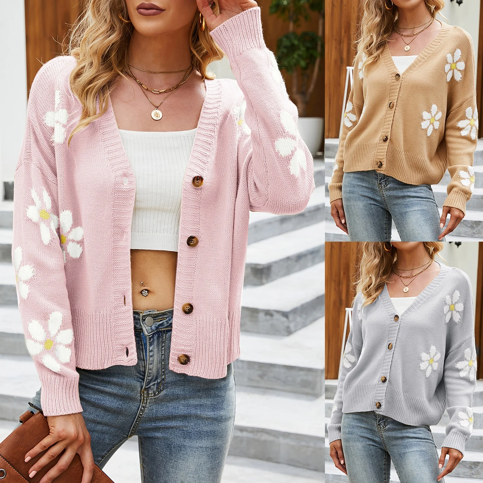 

Sweet Button Down Knitted Cardigan Cute Daisy Crochet Cardigans Fashion Soild Color Long Sleeved Simple Casual Cropped Sweater