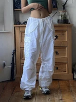 white big pockets cargo pants y2k prepply cute summer ruched split pants tie up sweatpants women streetwear joggers