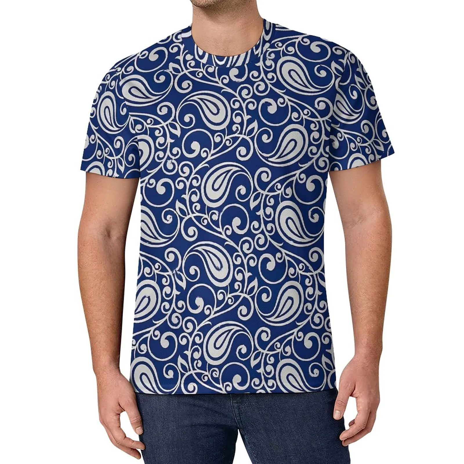 

Blue Paisley T Shirt Men Vintage Floral Print Essential T-Shirts Summer Novelty Tees Short Sleeves Pattern Big Size Tops