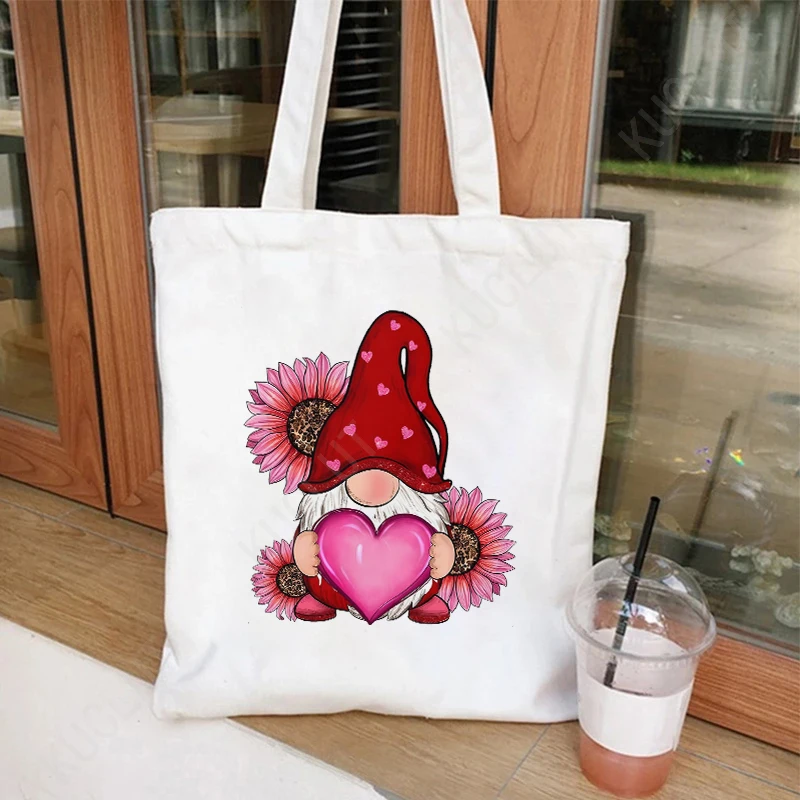 Leopard Love Heart Cartoon Handbag Women Casual Canvas Portable Shoulder Bag Valentine's Day Shopping Reusable Tote