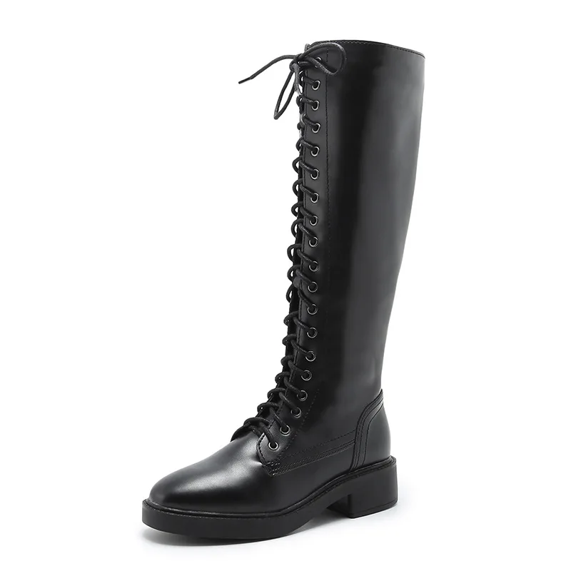 

Women Knee High Boots British Style PU Solid Color Round Toe Thick Heel Lace Zipper Fashion Street Everyday Women Shoes KC121