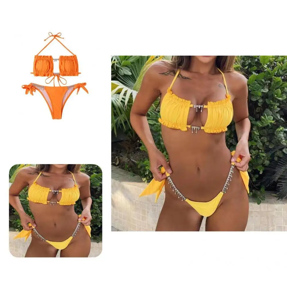 

2 Pcs/Set Women Swimsuit Chain Two-piece Padded Shiny Women Swimsuit Swimsuit for Swimming