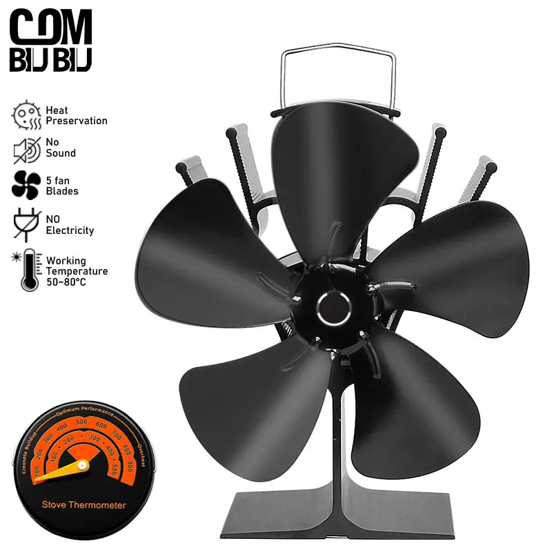 

5 Blades Heat Powered Stove Fan Log Wood Burner Eco-fan Quiet Home Black Fireplace Fan Efficient Heat Distribution Winter Warm