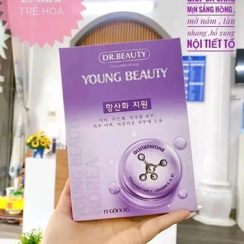 BOT UONG Collagenl Young Beauty 1 hop 15 goi Remove Dull Skin Blemishes Acne Spots White Soft Smooth Elastic And Youthful