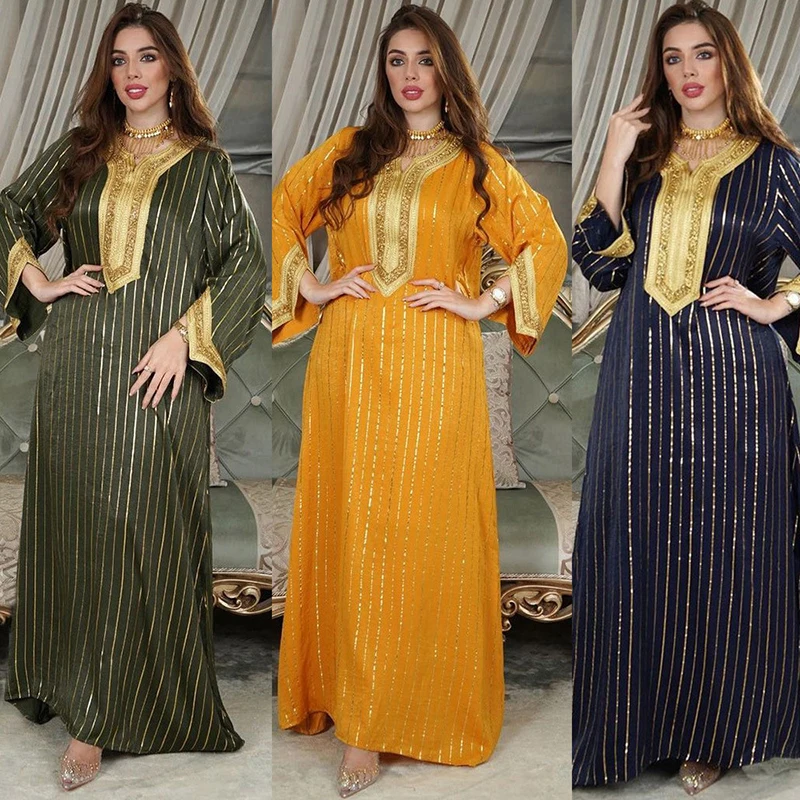 Women Embroidered Moroccan Caftan Evening Dresses Diamonds Bronzing Dubai 2022 Arabic Long Jalabiya Muslim Islamic Turkish Abaya