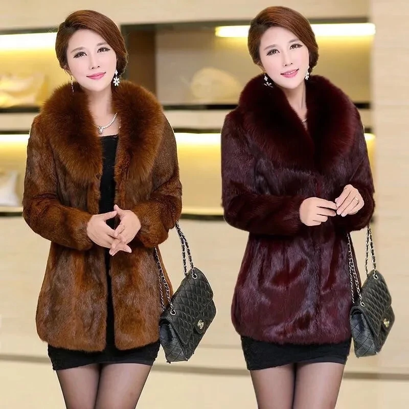 Enlarge Top Quality M-6XL Oversize Jacket Chic and Elegant Women Fuax Fur Coat Very Warm Windproof Faux Mink Fur Mom V-neck Outfit