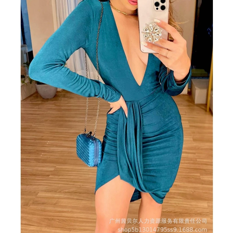 

Women's Dress Summer Sexy Slim Solid Color High Waist Pleated Dress Women's Casual Long Sleeve V-neck Irregular Dress