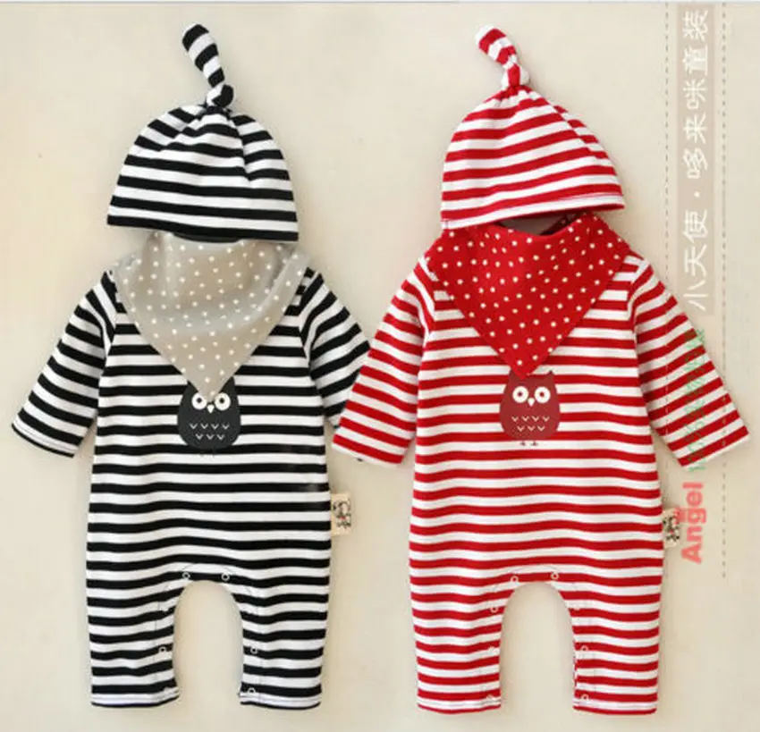 Baby Clother Set Newborn Cotton Owl Romper Long Sleeve Jumpsuit Stripe Rompers Hats Bibs 3pcs Baby Costume