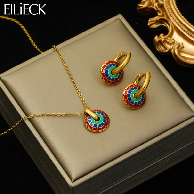 EILIECK 316L Stainless Steel Vintage Flower Necklace Earrings For Women Girl Fashion New Waterproof Jewelry Set Gift Party