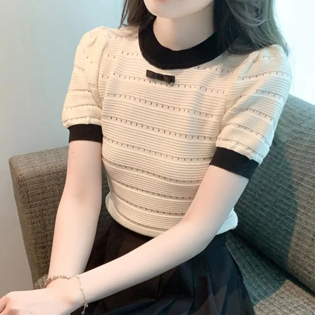 

Popular Women T-shirt Breathable Splicing Color Hollow Knitting T-shirt French Style Skin-Touching Knitting T-shirt Streetwear
