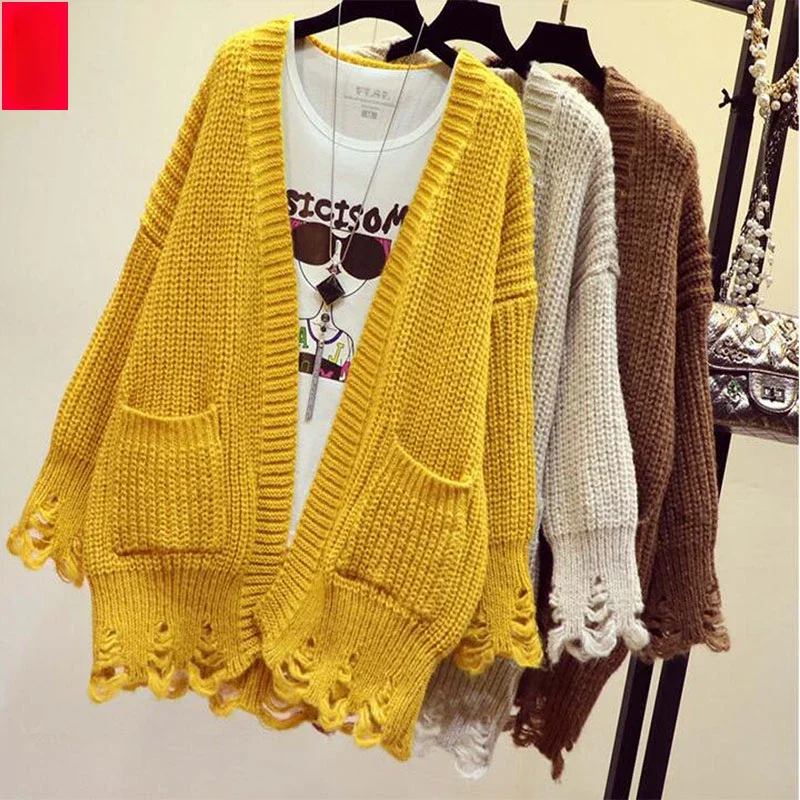 Женское пальто модный вязаный кардиган в Корейском стиле рваный топ свитер
