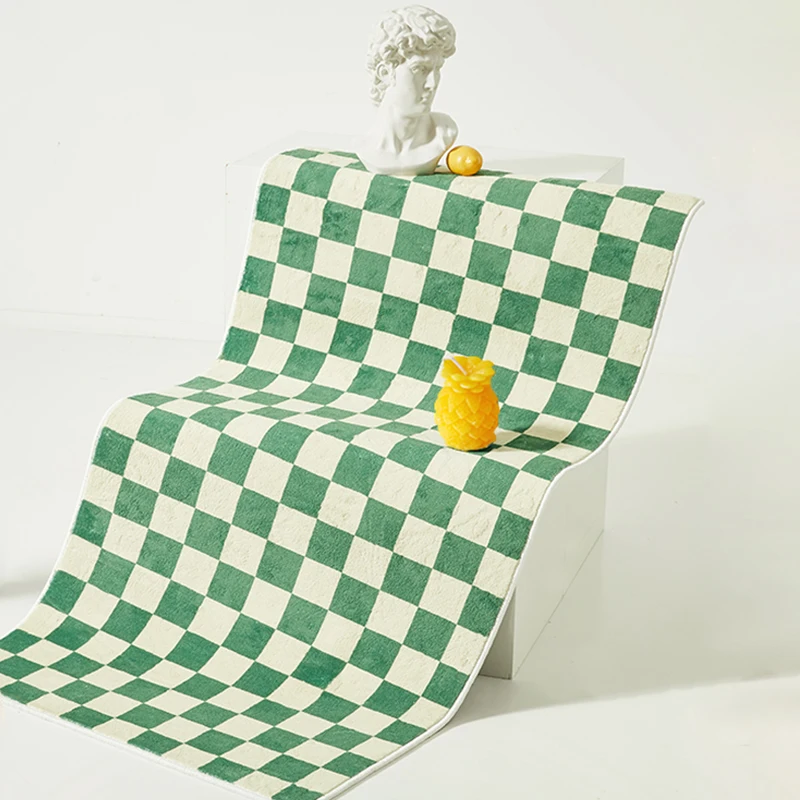 

Nordic Long Bedside Rug Fluffy Vintage Green Plaid Bedroom Carpet Area Floor Pad Mat Doormat Aesthetic Home Room Decor