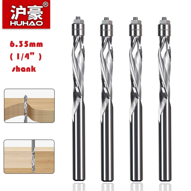 

Спиральная фреза HUHAO Flush Trim, хвостовик 1/4 дюйма, карбидный подшипник с направляющими, две канавки, отделка, деревообрабатывающие фрезы, Концевая фреза