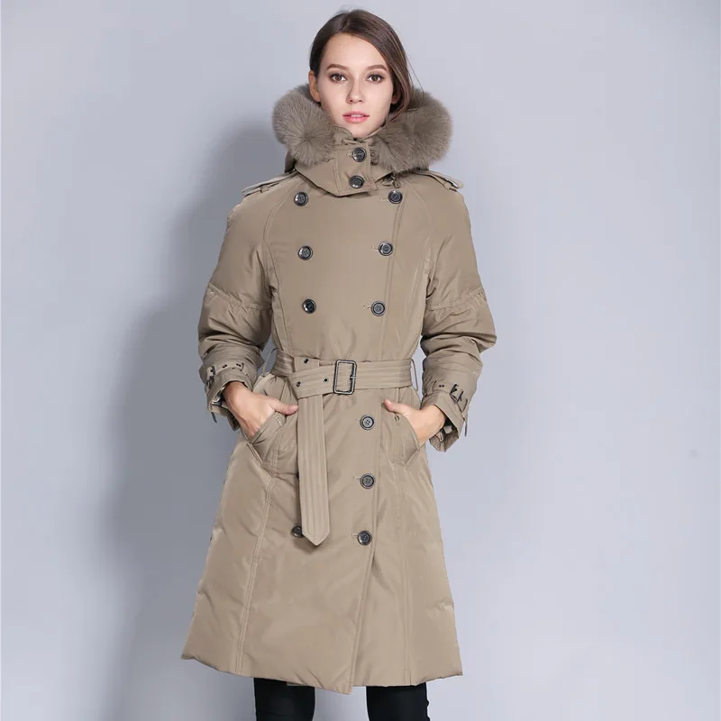 

Новинка 2022, приталенная теплая Роскошная куртка средней длины с большим меховым воротником, плотная Женская демисезонная пуховая куртка с ...