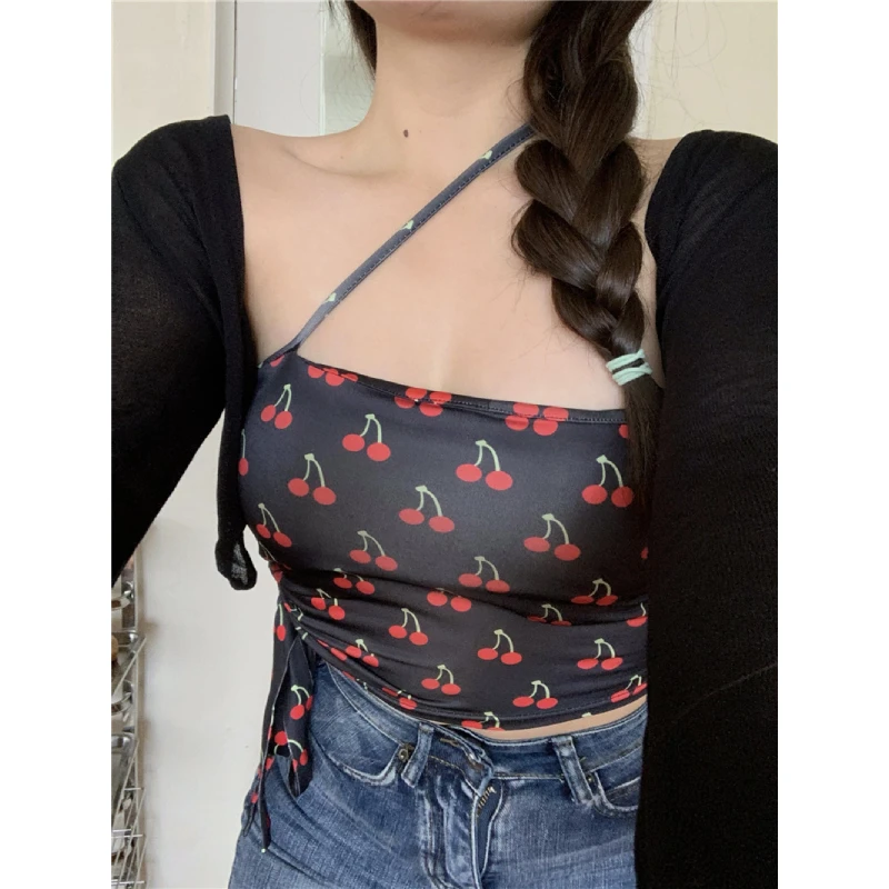 

Y2k Irregular Long Sleeve T-shirt Women Knitted Cardigan with Elastic Cherry Print Camis Tank Tops 2 Piece Tops Korean Fashion