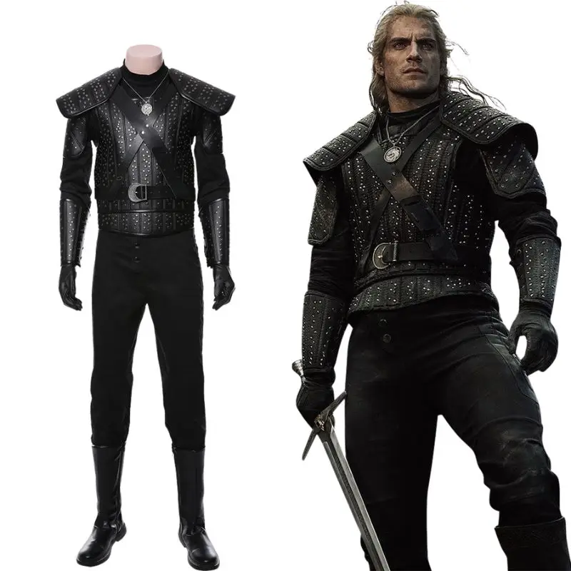 

Geralt of Rivia Cosplay Costume Leather Jacket Man Uniform Coat Top Pants Geralt Shoes Halloween Carnival Costume Suit for Adult