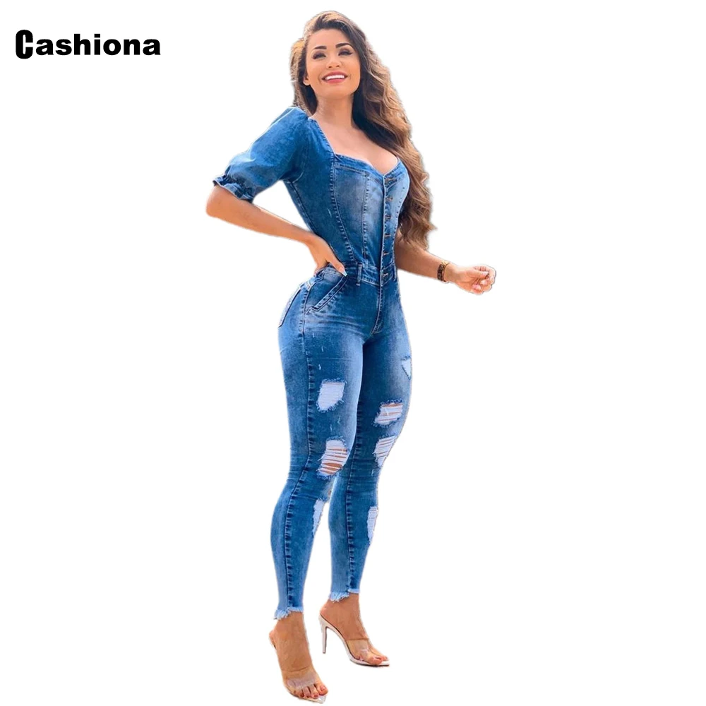 Women High Cut Fashion Jeans Demin Jumpsuit Girl's Ripped Onesie Denim Bodysuits Skinny Trouser 2022 Single-Breasted Overalls
