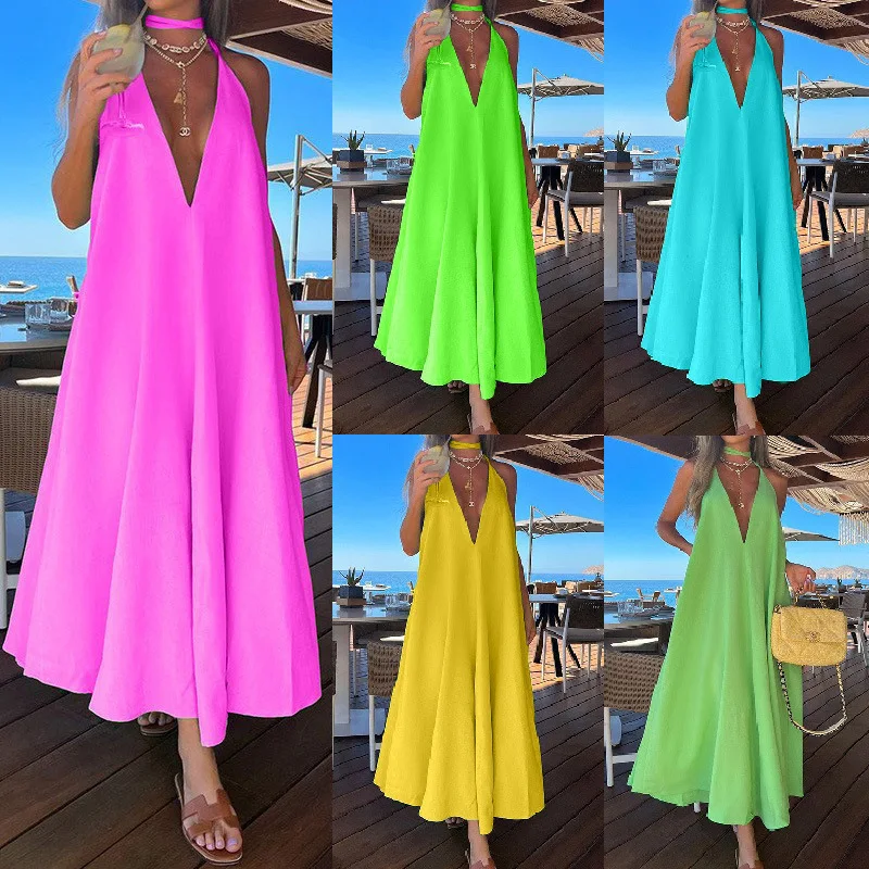 

2023 Fashion Women's Long Dress Solid Color V-neck Lace-up Dress Beach Vacation Style Solid Color Loose Summer