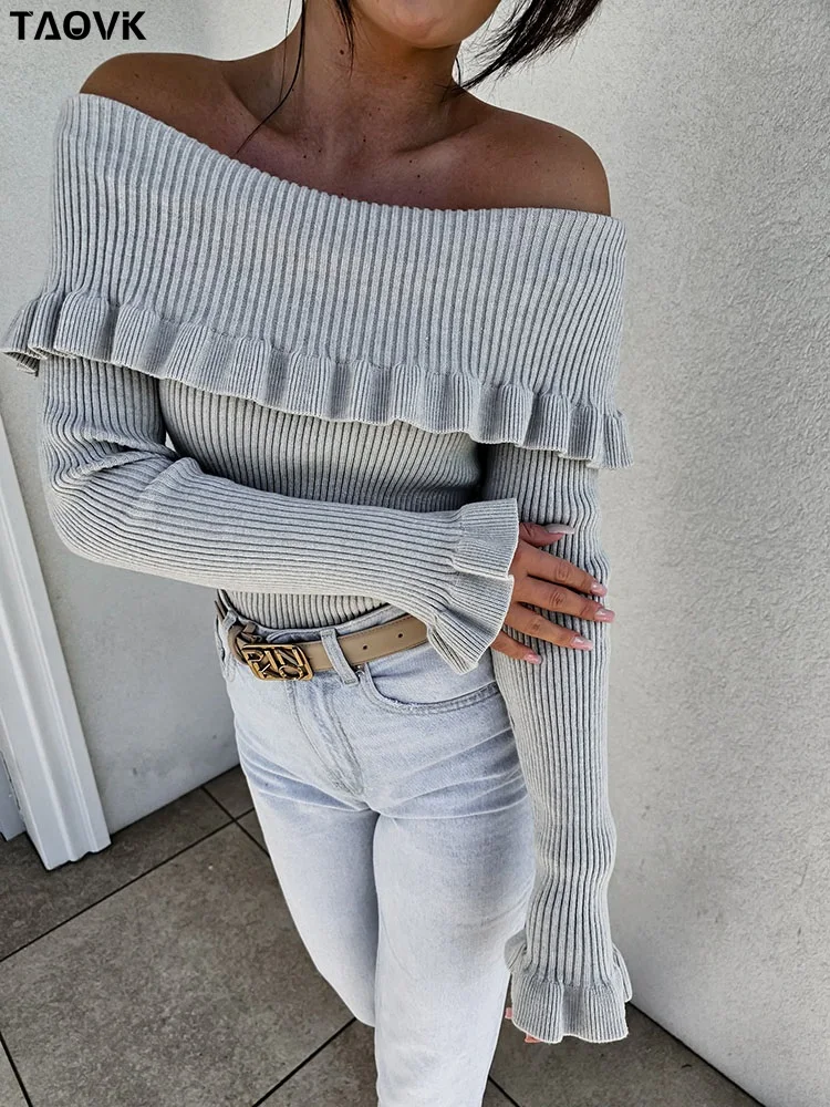 

TAOVK Women Sweaters Sexy Off Shoulder Ruffles Pullovers Long Sleeve Slash Neck Knitwear Slim Fit Jumpers Ribbed Solid Basic