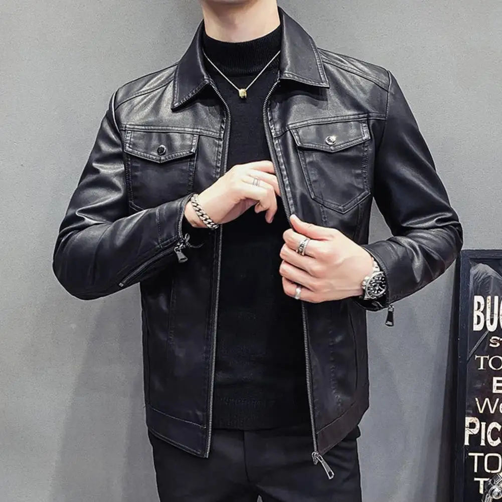 

Solid Color Men Jacket Fashionable Durable Men's Black Zipper Lapel Motorcycle Jacket A Stylish Reliable Autumn Coat for Home