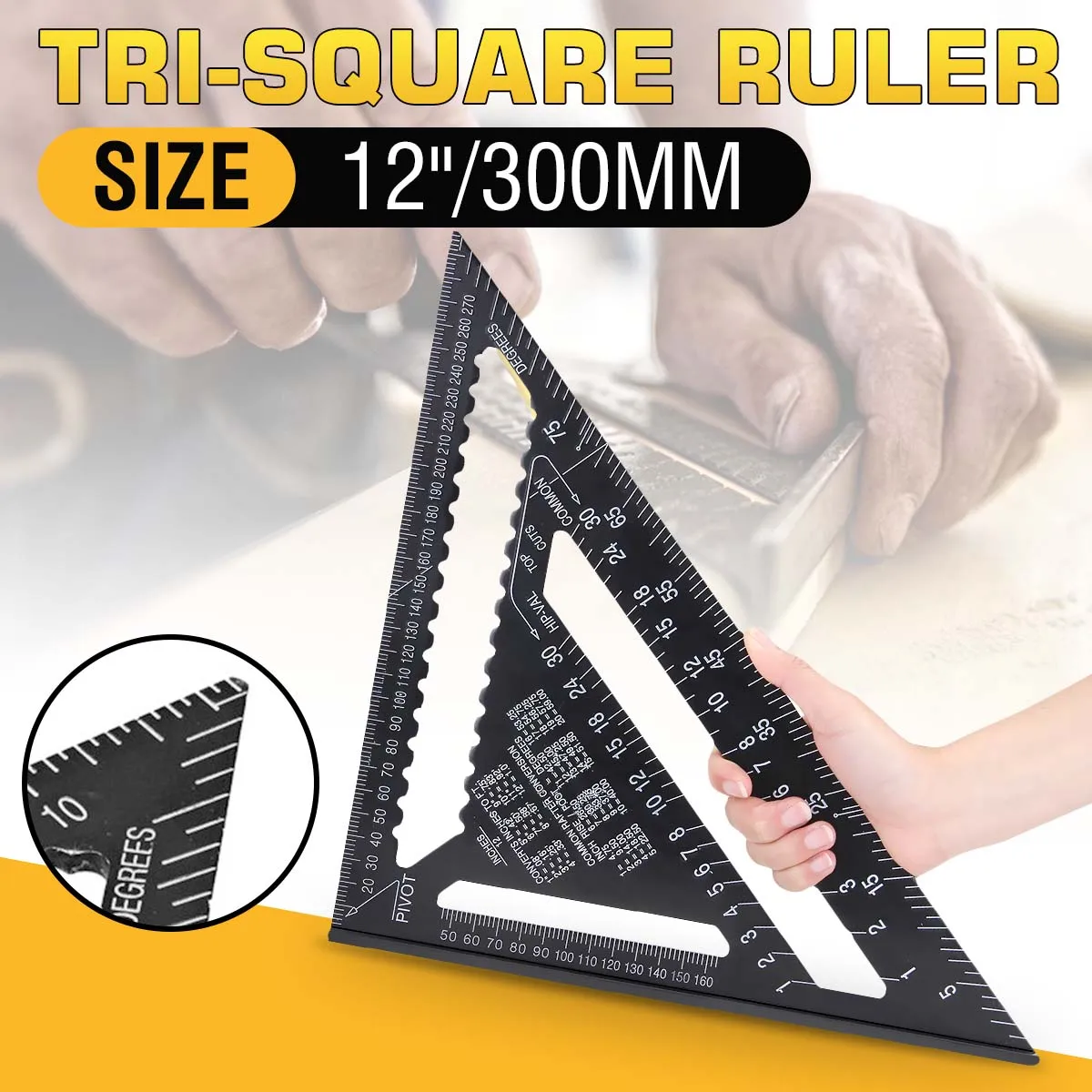 

7/12 inch Metric Aluminum Alloy Triangle Angle Ruler Protractor Woodworking Measurement Tool 30cm Quick Read Square Layout Gauge