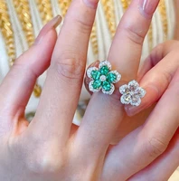 luxury ins gem flower women ring ins green white diamonds fashion personality sweet girl summer chic finger accessories