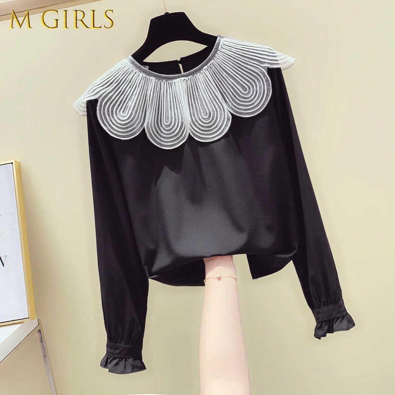 

M GIRLS 2022 New Flower Collar Sweet Blouses Fall Women Fashion Deisigned Chic Tops Sleeve Contrast Color Shirts Spring Elegant
