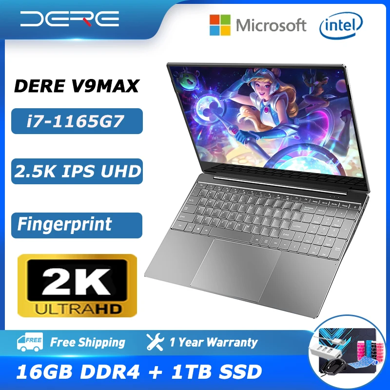 

Dere V9 MAX Laptop 15.6", Intel Core i7-1165G7, 16GB RAM + 1TB SSD, 2.5K IPS Screen, Computer Office Windows 11 Notebook