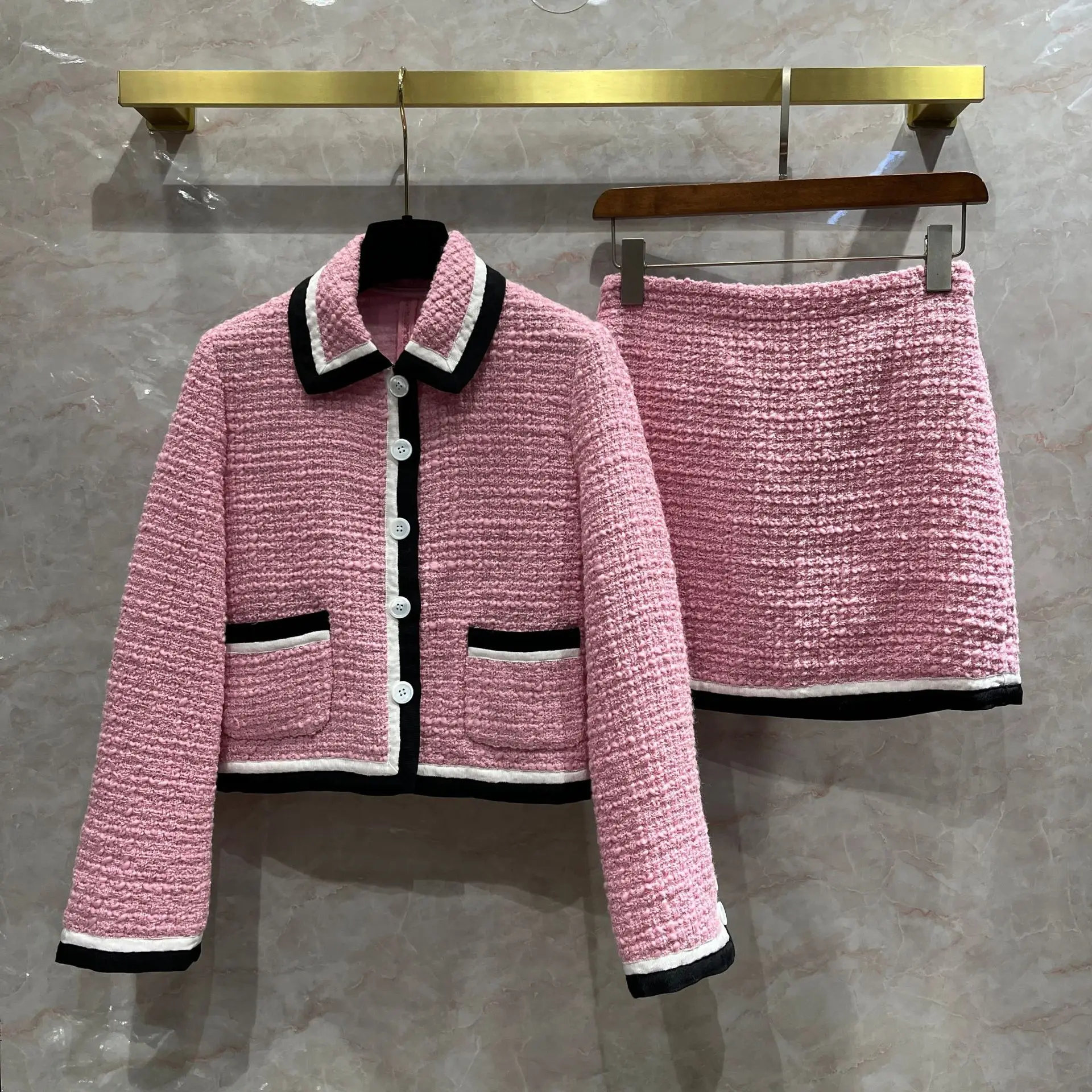 Осеннее Женское пальто из твида розового цвета в французском стиле C655 |