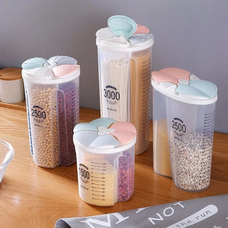 

Grain Containers 1500/2500/3000 Ml Sealed Coarse Cereals Storage Box Dispenser Multi Compartments Storage Box Kitchen Storages