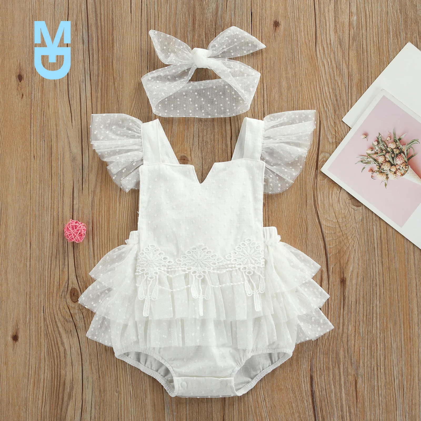 

New Princess Infant Baby Girls Rompers Headband 2pcs 0-24M Ruffles Sleeve Lace Floral Printed Backless Jumpsuits