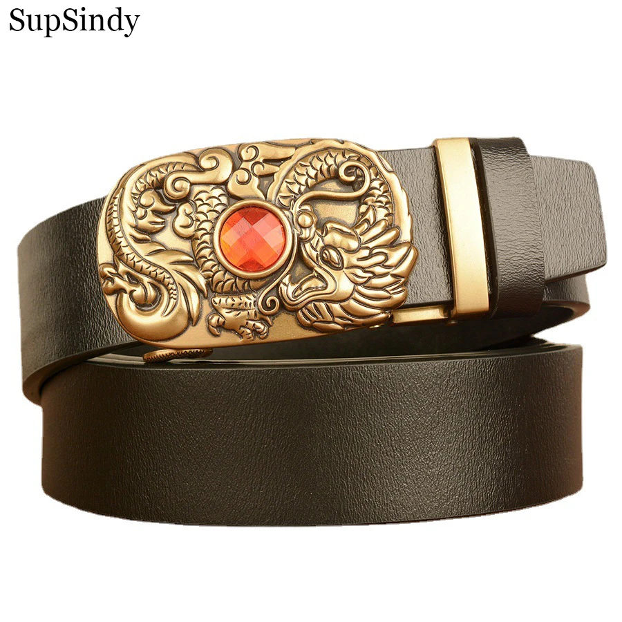 SupSindy New Men Genuine Leather Belt Luxury Gold Dragon Metal Automatic Buckle Cowhide Belts for Men Jeans Waistband Male Strap