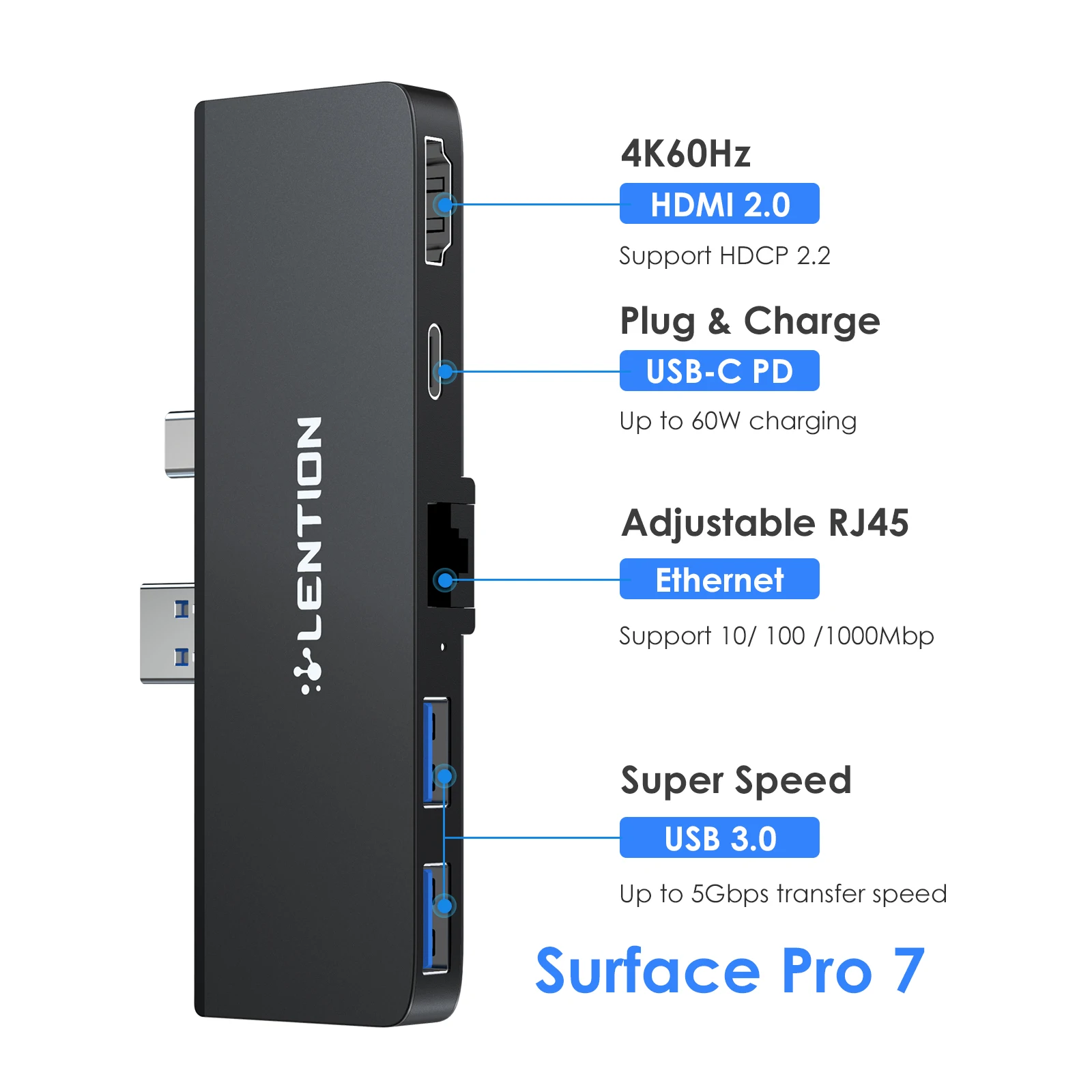 Док-станция LENTION Microsoft Surface Pro 7 USB C, 4K, 60 Гц, 1000 Мбит/с