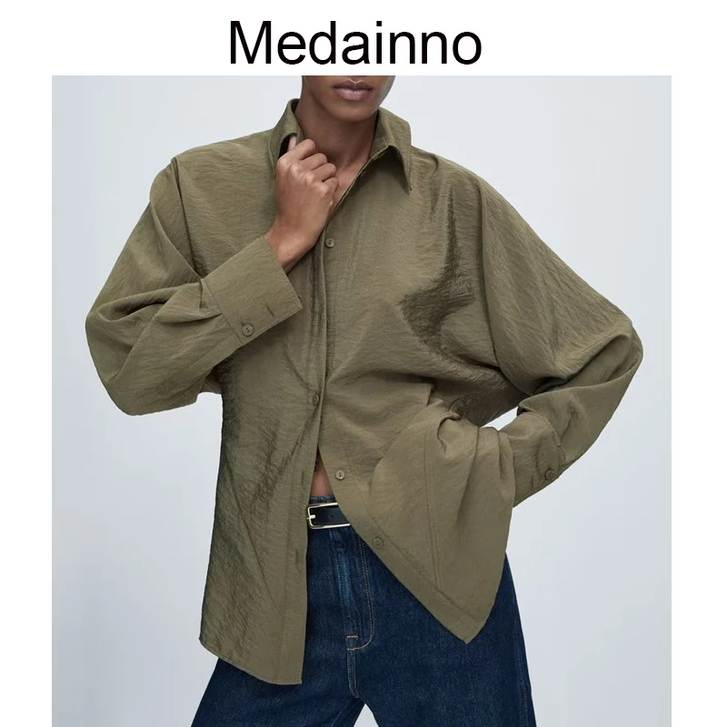 

Medainno 2022 Autumn Winter Fashion New Women Lapel Solid Waist Slim Shirt Fold Simple Elegant Blouses Casual Tops Female Chic