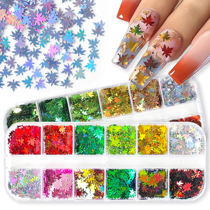 

12 Grids Maple Leaf Nail Sequins Irregular Iridescent AB Mermaid Flakes Xmas Snow Butterfly Pailliette Glitter For Nails Tools