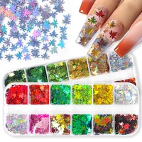 12 grids maple leaf nail sequins irregular iridescent ab mermaid flakes xmas snow butterfly pailliette glitter for nails tools