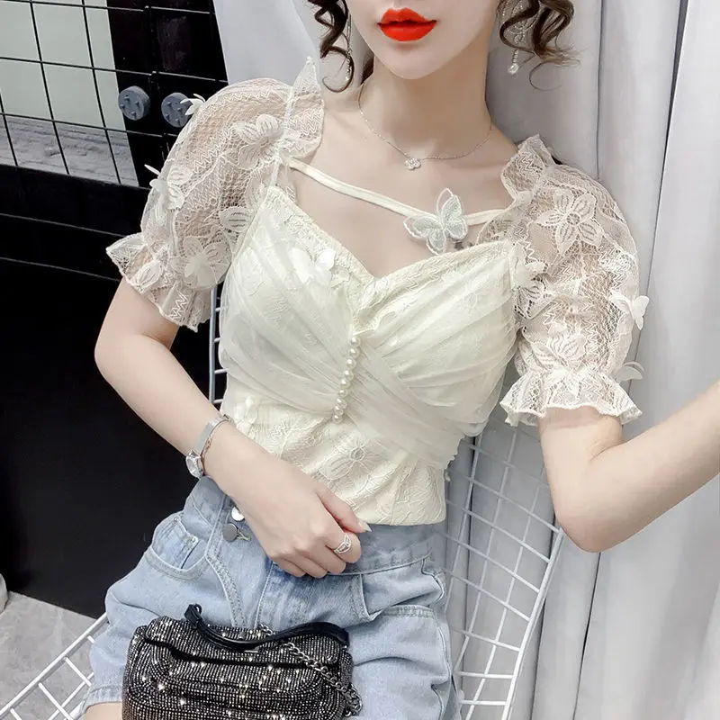 

Women 2022 Summer New Fashion Lace Thin Slim Blouses Female Short Square Collar Shirt Ladies Short Sleeve Bow Shirt Tops F70