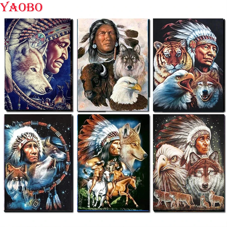 

Алмазная живопись, алмазная вышивка с волком, человеком, перьями, вышивка крестиком, в индийском стиле, мозаика стразы, домашний декор для ст...