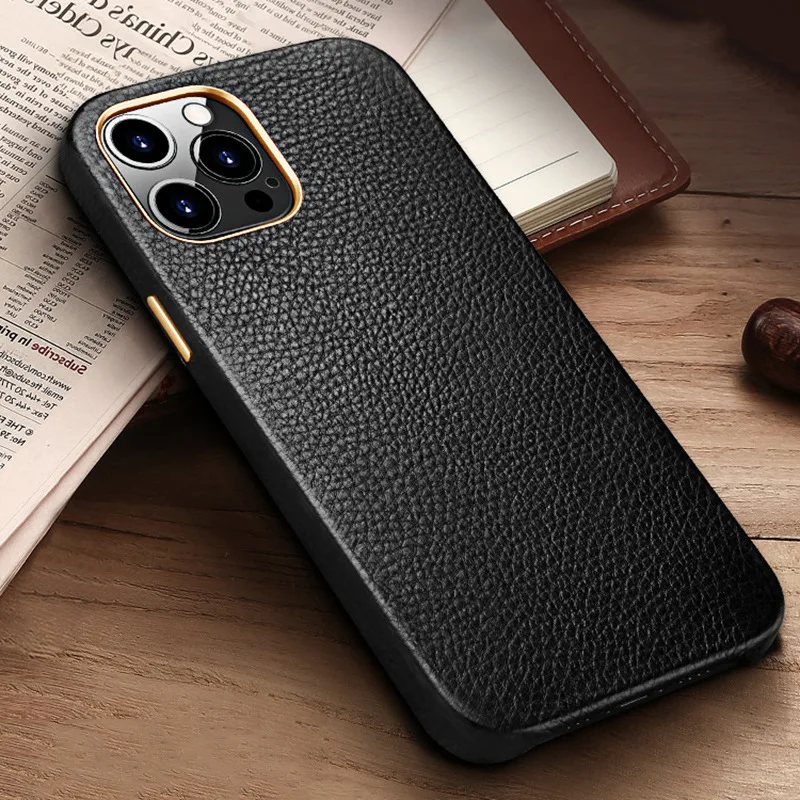 

Genuine Leather For Apple iphone 14 Pro Max 14 Plus Phone Case Lichee Pattern Hard PC Metal Keypads Ultra Thin Back Cover