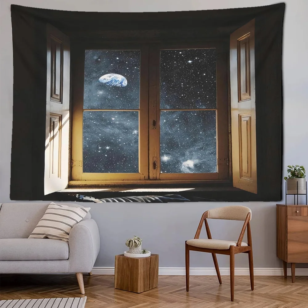 

Wooden Window Starry Sky Cosmic Tapestry Moon Living Room Bedroom Bathroom Dormitory Wall Hangings Home Decoration Decor