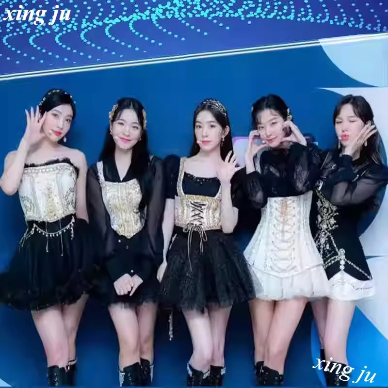 Фото Сценические костюмы для K-pop исполнителей: сексуальное платье принцессы с кружевной шнуровкой для вечеринок, концертов, джазовых выступлений и танцев (корейский стиль) №2