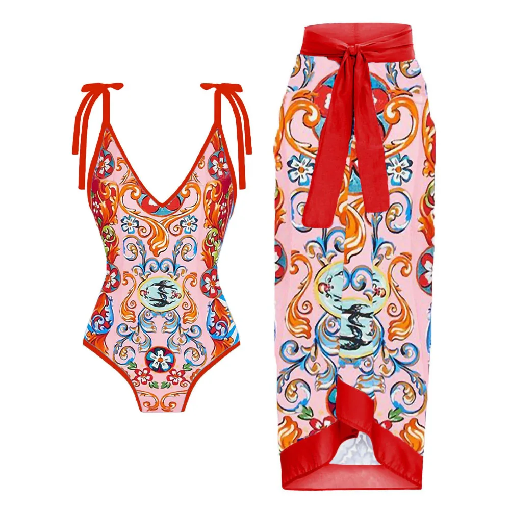 Red Painted Print Slim Bikini One-piece Bow Straps V-neck Swimsuit Women Fashion Drawstring Irregular Cover Up Beach Dress 2023