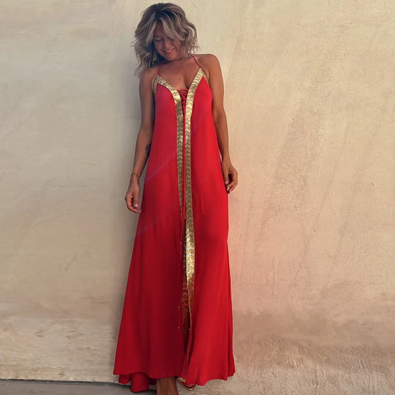 

Женское сексуальное длинное платье без рукавов с глубоким v-образным вырезом, длинное платье в богемном стиле, винтажное свободное пляжное платье