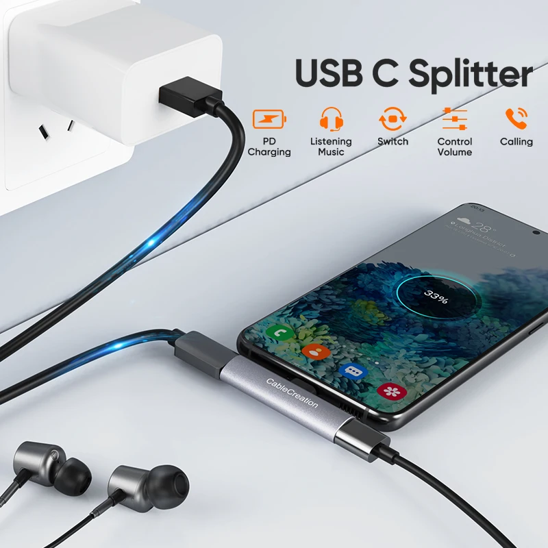 Разветвитель CableCreation USB C 2 в 1 адаптер для наушников с двумя разъемами типа аудио и