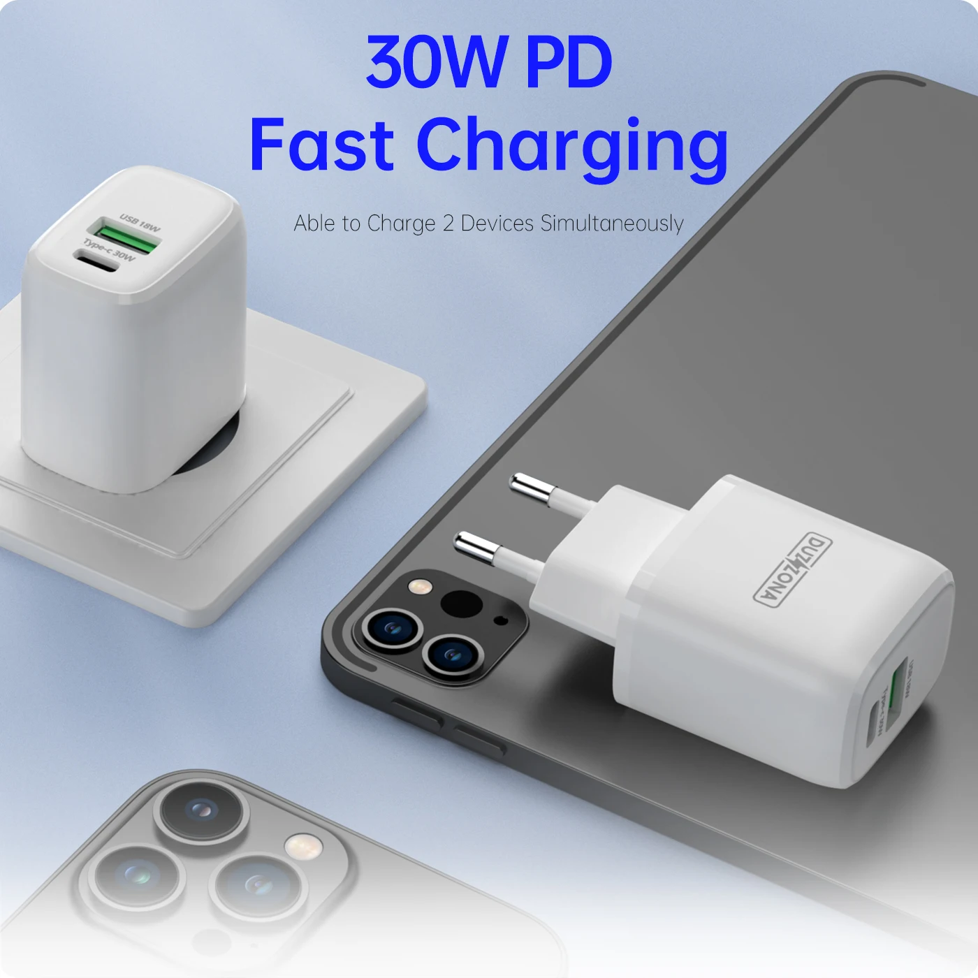 

For iOS iPhone 8-13/iPad Series/Android Tablets 30W Safe Fast Charging Wall Travel Charger EU Adapter 1 Type-C Port+1 USB-A Port