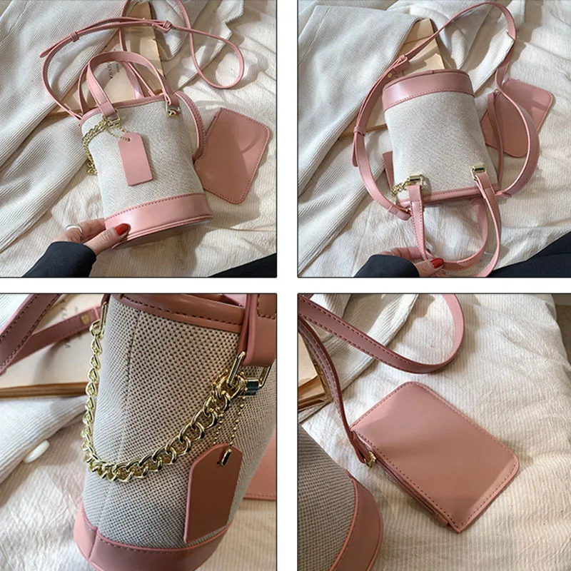 Contrast Canvas Leather Panel Shoulder Bags Simple Fashion Cylindrical Handbag New Portable Bucket Crossbody Bag Purse Storage