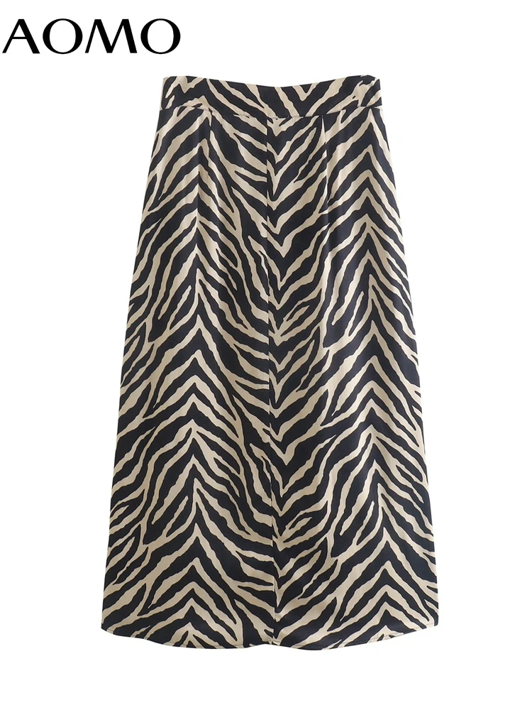 

AOMO 2022 New Women Zebra Print Midi Skirt Vintage Side Zipper Ladies Chic Mid Calf Skirts JE68A