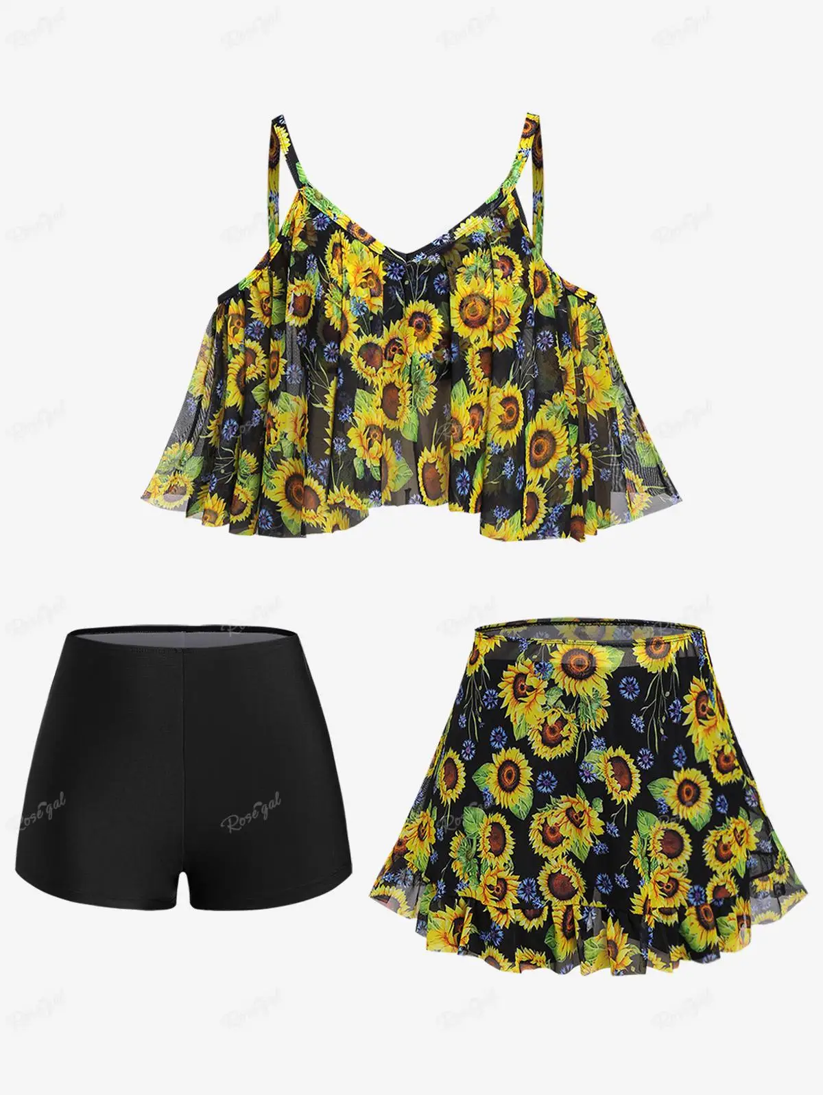 

ROSEGAL Plus Size Three Piece Bathing Suits Sunflower Flounce Cold Shoulder Mesh Tankini Boyshorts And Skirt Set Swimsuit