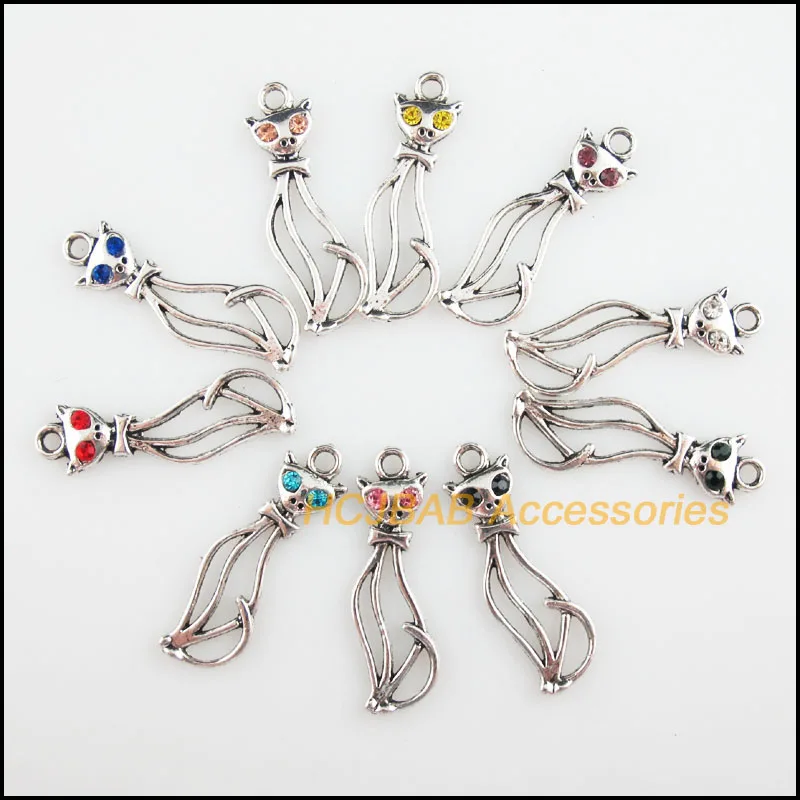 Модные тибетские посеребренные подвески в виде кошки с смешанными кристаллами 20 шт. 12x34 мм