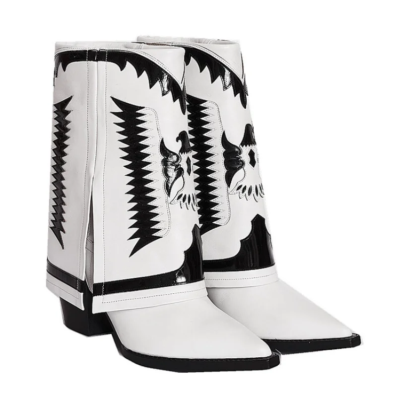 Genuine Leather Autumn Winter Women's Shoes Wide Tube Western Cowboy Boots Knee High Fashion Embroidery PunkLong and Short Boots